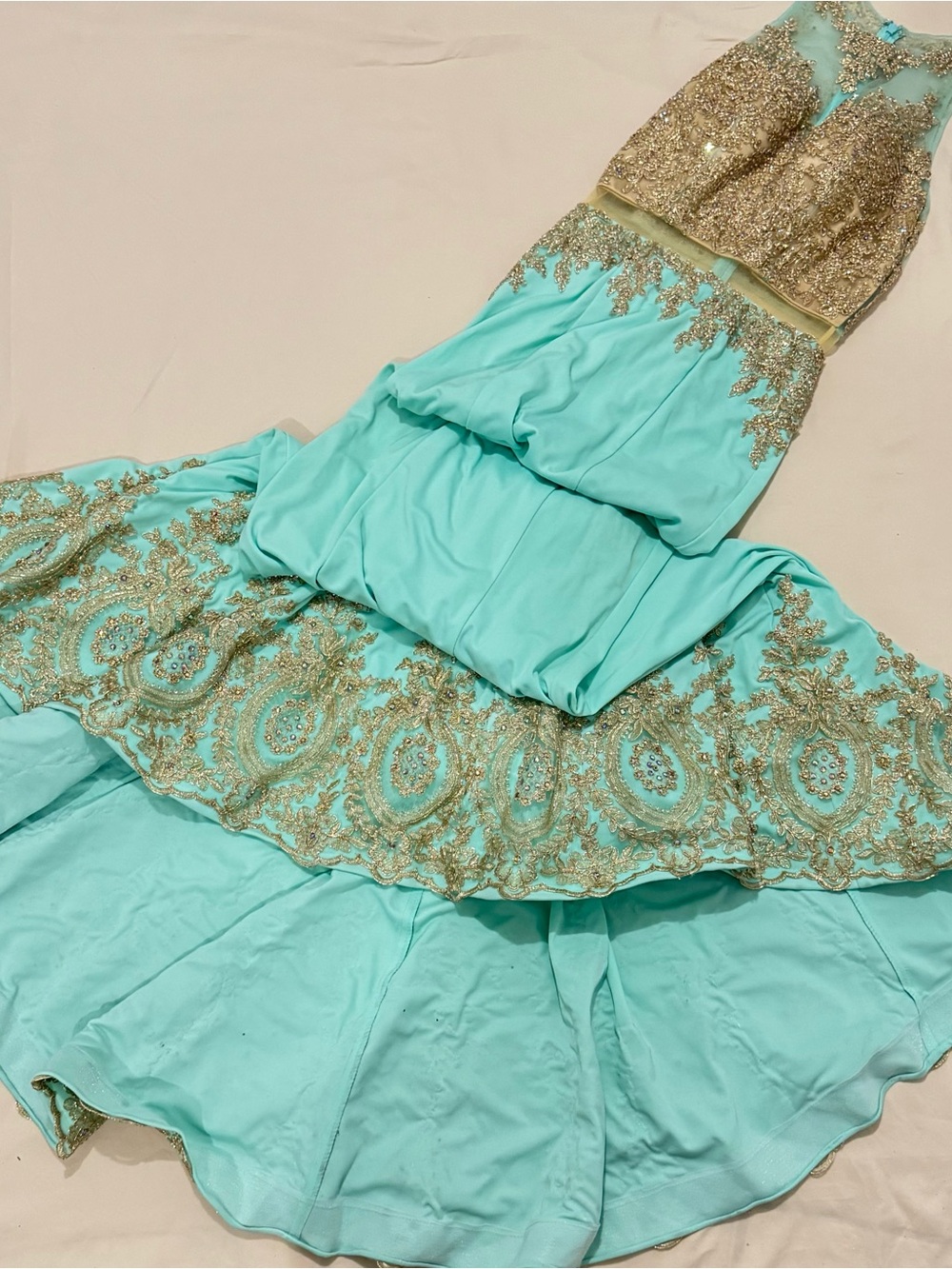 Elegant Mint Green Evening Gown with Gold Lace Accents